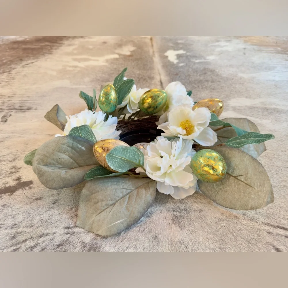 Spring Wreath or Candle Ring Centerpiece Greenery & Pastel Easter Eggs & Flowers